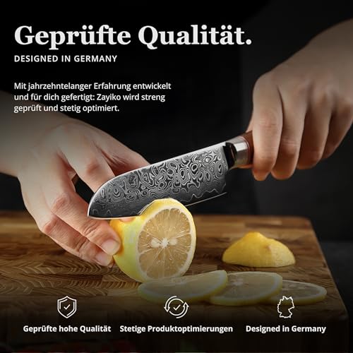 Foto von zayiko Kurumi Premium kleines Santokumesser mit 12 cm Klinge gefertigt aus 67 Lagen echtem Damaststahl mit Nussbaumgriff I Holzbox I Damastmesser Küchenmesser und Profi Kochmesser