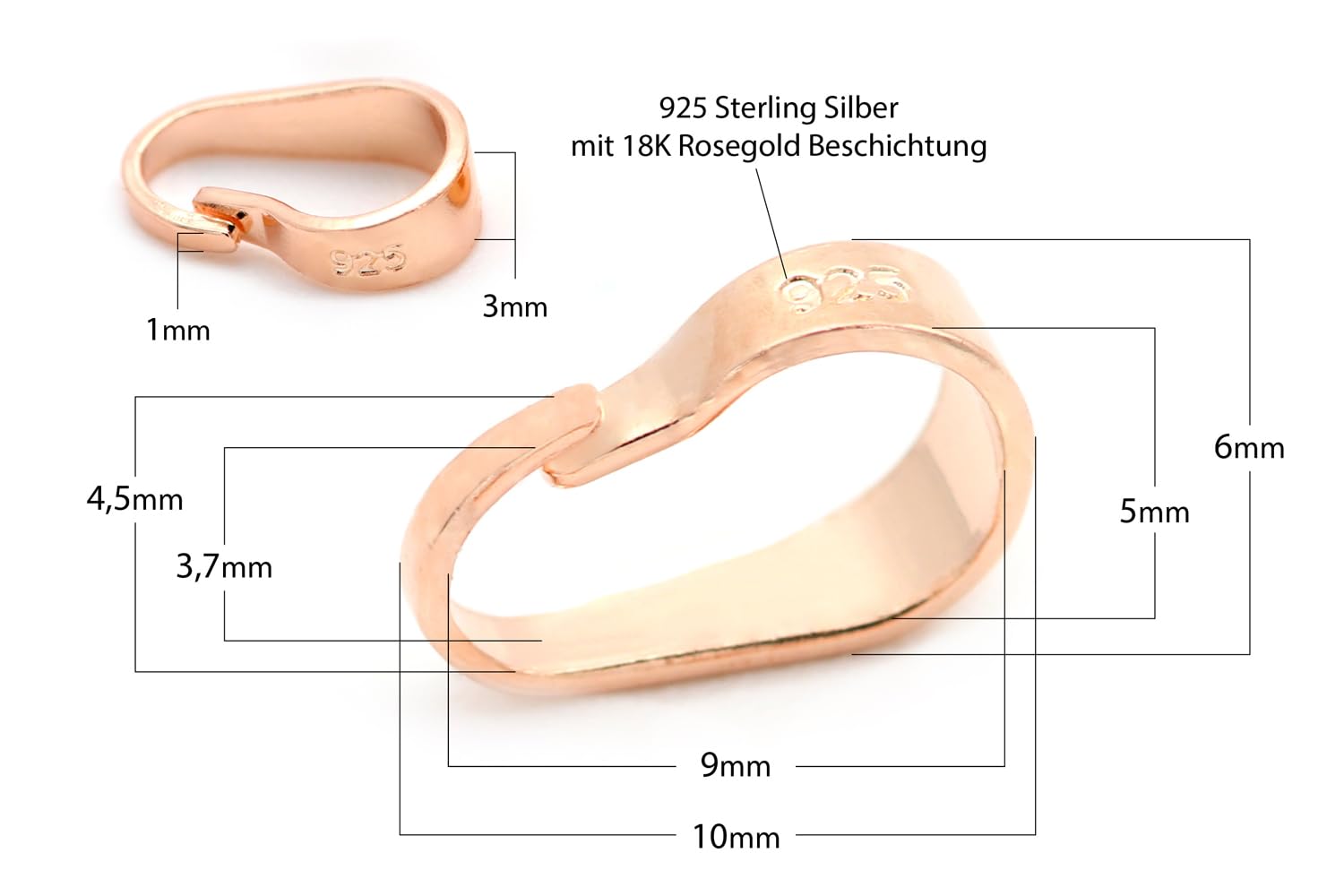 NaturSchatulle Collierschlaufen 925 Silber 18K Rosegold 10x6mm Schmuck Kettenanhänger für Anhänger DIY Anhängerschlaufen Ösen (20 Stück)