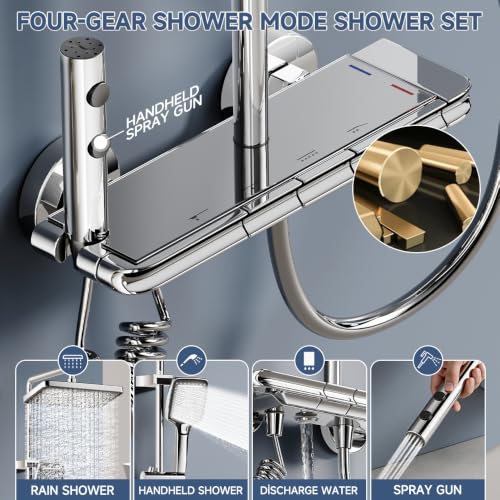 Colonne douche chromée avec tête pluie 30x20 et bec caché