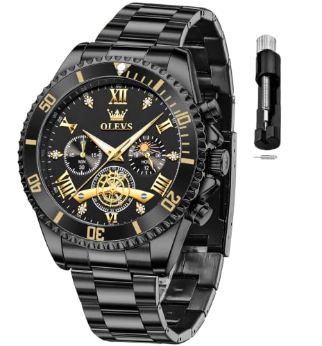Image of OLEVS Mens Watches Chronograph Luxury Dress Moon Phase Two Tone Stainless Steel Waterproof Luminous Business Calendar Wrist Watch