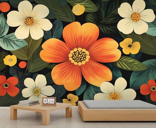 KIRESEI Retro Floral Mural for Wall, Mid-Century Colourful Flowers Wallpaper