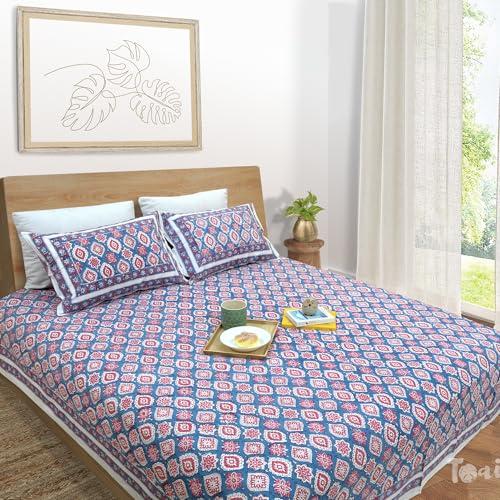 Image of TOAI Hand Block Printed Bedsheet | Bed Spread Flatsheet Bed Sheet | Pure Cotton | Queen Size 90 inchx108 inch | 210 TC Luxury Cotton | 2 Reversible Pillow Covers |Spanish Villa