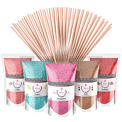 Misskandy®-Sucre Barbe à Papa pour machine- Arômes et Colorants Naturels - Lot de 5*160GR ( Fraise-Cola-Pomme-Marshmallow-Framboise) / poudre barbapapa+ 20 Bâtonnets - MADE IN FRANCE