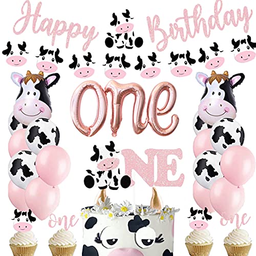 HEETON Cow First Birthday Party Decorations Balloon Arch Kit Happy Birthday Banner Cow One Balloon Farm Baby Pink Balloons Cow 1st Party Baby Girl Photo