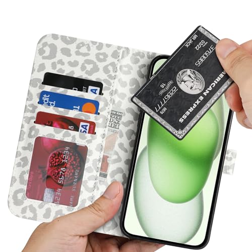 Image of for iPhone 15 Plus Case Wallet with Card Holder,for iPhone 14 Plus Wallet Case for Women Men,PU Leather Shockproof Magnetic Buckle Stand Flip Phone Case-White Leopard
