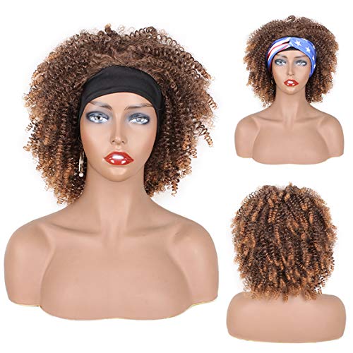 PWEOUKE 8Inch Dark Brown Ombre Wig with Headband Kinky Curly Afro Headband Wig for Women Turban Scarf Wig Natural Curls Synthetic Hair Halloween Party Daily Costume Synthetic Hair T2/30#