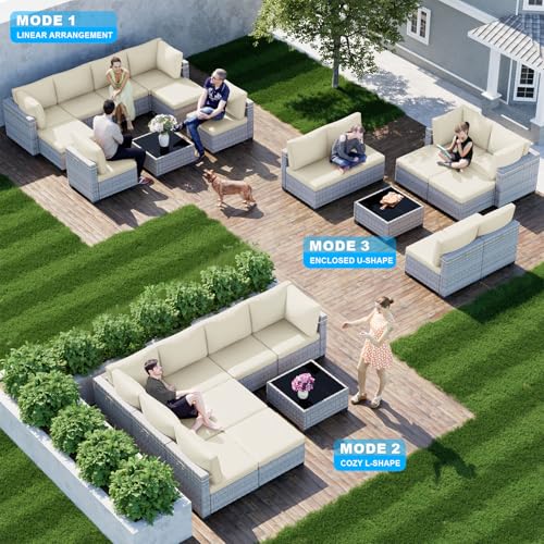 Image of Outdoor PE Wicker Rattan Modular Patio Sectional Sofa Set | 9-Piece: 6 Modular Seats, Coffee Table & 2 Ottomans, Ivory