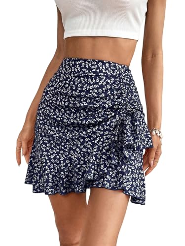 EARKOHA 2025 Skirts for Women Ditsy Floral Print Drawstring Ruffle Hem Skirt Royal Blue L