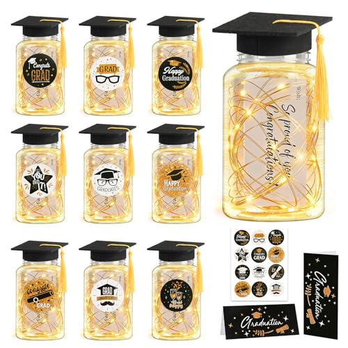 9 Pcs Graduation Centerpieces for Tables with LED Lights Class of 2026 Graduation Tables Decorations Mason Jar Style Table Decor with String Lights Caps Notes Cards Stickers & Adhesive Spots
