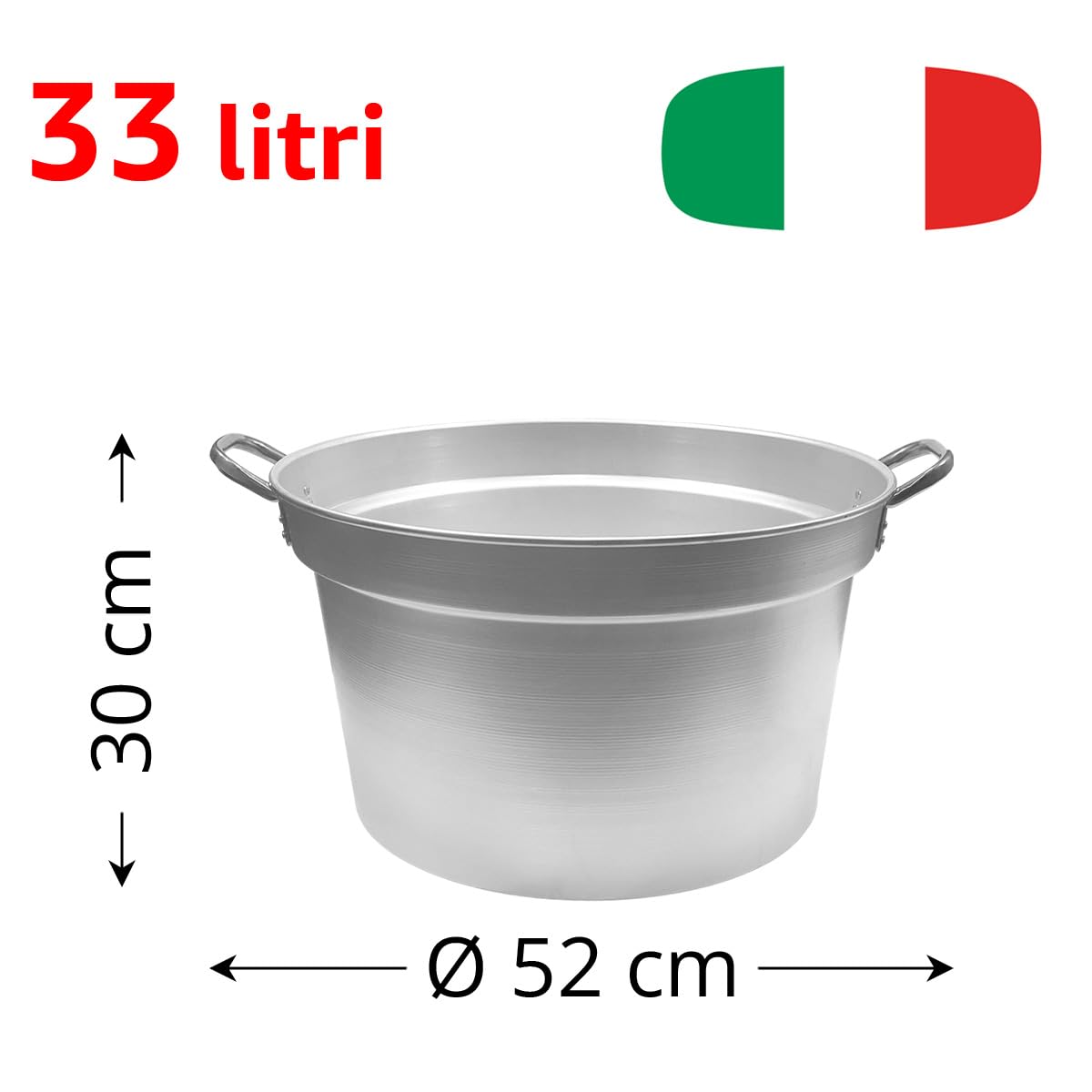 Sicignano | Caldaia Ø 52 x 30h cm in Alluminio 99,5% Capacità 33L – Manici in Acciaio, Spessore 2-4 mm – Made in Italy, Ideale per Cotture Professionali e Ristorazione