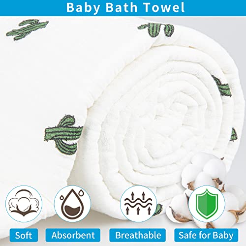 Image of Hooded Towel Muslin Hooded Towel Made from Organic Cotton 6-Layer Cotton Bath Towel, Soft Bath Towels 25x51inches for Toddler Baby Kids Cactus