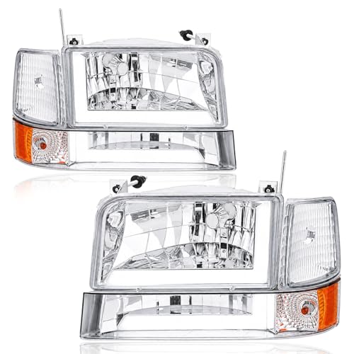 Image of LED DRL Headlights Compatible with 1992-1996 Ford F150 F250 F350 & Ford Bronco Replacement Headlamp Amber Reflector Chrome Housing