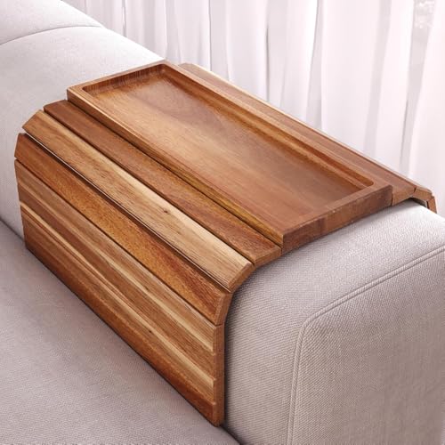 Image of Sofa Armrest Tray Table | Flexible Wooden Couch Arm Tray for Snacks, Drinks, Cup, Remote and Dining Matt | Sofa Side Cover | Bed Table | Food Safe Oil Finish
