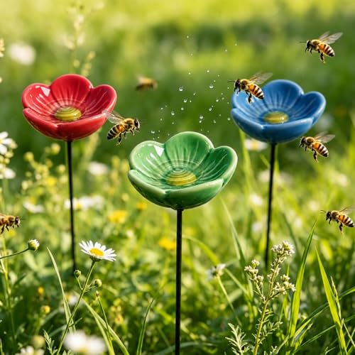 Bee Watering Station for Garden, 3PCS Ceramic Flowers for Bees Bath, Bird Bath Water Feeder Bee Drinking Cups Garden Stake, Butterfly Bees Baths Drinking Station Water Bowl, fors Outdoor Gardens Decor