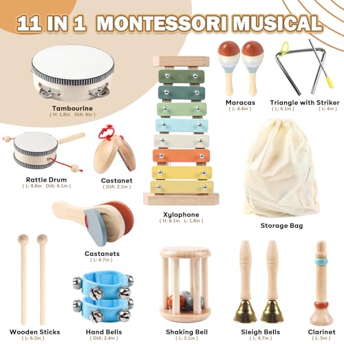 MYDOVA 11 in 1 Toddlers Musical Instruments, Baby Montessori Wooden Musical Toys, Educational Percussion Rhythm Drum Sensory Toys for Babies Kids, Preschool Educational Toys for Boys and Girls - Image 3