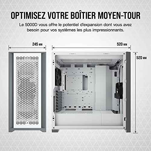 Corsair 5000D Airflow Moyen-Tour en Verre Trempé Boîtier (Panneau Avant à Flux d’air Élevé, Système de Câbles, Deux Ventilateurs de 120 mm Inclus, Mère avec Supports pour Ventilateur) Blanc