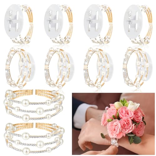 Hotop 8 Pcs Corsage Wrist Bracelet Bands Bride Pearl Rhinestone Bracelet Elastic Wrist Corsage DIY Wedding Wristband Faux Pearl Adjustable Wristband Accessory for Bridal Party Prom (Gold)