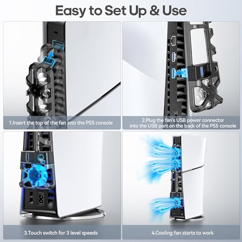 Image of TCOS TECH PS5 Slim Cooling Fan External USB Cooler with LED Light PS5 Console Cooling Fan with Extra USB Port for Sony Playstation 5 Slim Disc & Digital Console