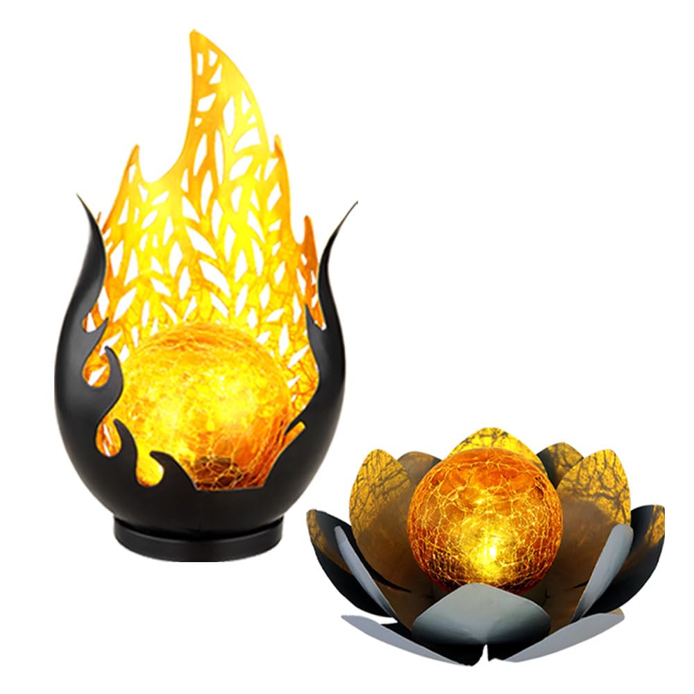 Solarleuchte Flammen Design Außen Solarblume Aussen Lotusblume Solar Crackle Glas, grau, LED Leuchtmittel, 1x Lotusblume 1x Flammen Design, 2er Set
