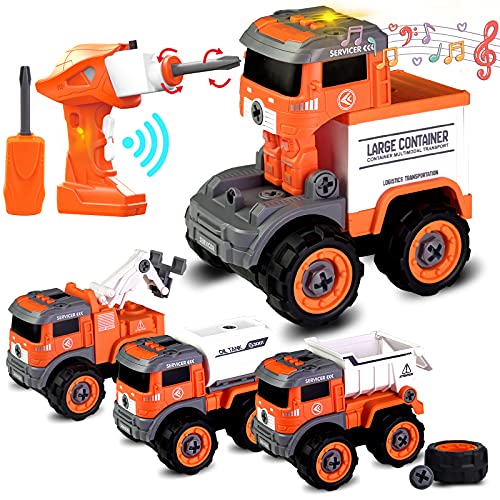 BerrysParadise Take Apart Toys with Electric Drill 4 in 1 Take Apart Toy Drill Remote Control Construction Toy Truck Builder Gift Car Toys for 3 4 5 6 7 Year Olds Boys Toddlers Birthday Christmas