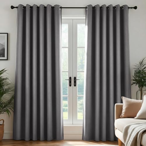 Image of Deconovo Thermal Insulated Wide Grey Curtains 90x72 Inch Drop Energy Saving Noise Reducing Eyelet Blackout Curtains for Bedroom, 1 Pair, Light Grey