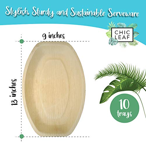 Chic Leaf Disposable Palm Leaf Trays Like Bamboo Serving Trays 13" X 9" (10 Ct) - 100% Compostable Disposable Trays For Wedding, Party, Events, & Catering #TOP5