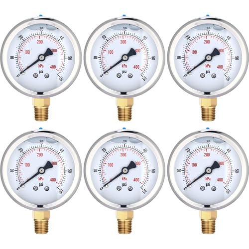 0-60 Psi 6 Pcs Glycerin Liquid Filled Oil Pressure Gauge, White