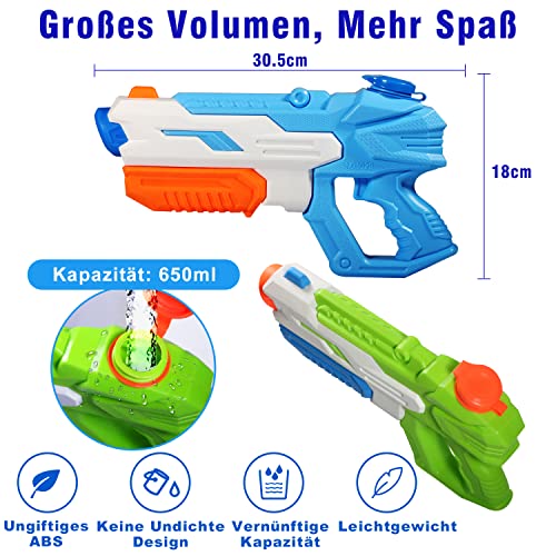 Delycazy Wasserpistole für Kinder, 2 Stücke Wasserpistole mit 10 Meter Großer Reichweite Super Wasser Soaker Spritzpistole 650ML Wasserspritzpistole Schwimmbad Strand Outdoor Spielzeug für Erwachsene