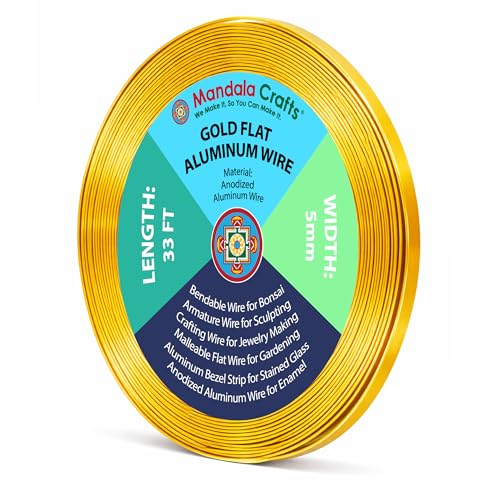 Image of Mandala Crafts 5mm Gold Tone Flat Aluminum Crafting Wire for Sculpting | 33 Feet, Anodized, Colored, Tarnish Resistant, Bendable, Flexible, for Jewelry Making, Bezel, Bonsai, Armature, Outdoor