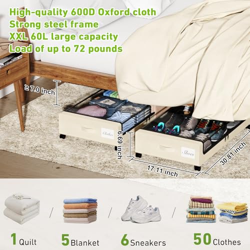 Image of YAASHEEN Under Bed Storage with Wheels, Under the Bed Storage Containers with Clear Lids & Label, Underbed Storage Bins, XXL 60L Rolling Metal Drawer for Clothes, Shoes, Toys, Books (4-Pack Beige)