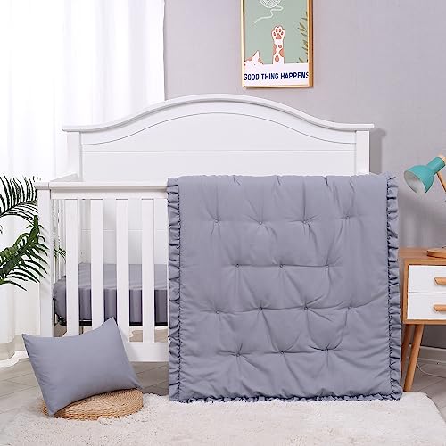Image of JISEN 3 Piece Crib Bedding Set Soft Baby Crib Bedding Set Ruffle Crib Comforter Set - Crib Quilt Crib Sheet Pillowcase Nursery Bedding Sets for Baby Boys or Girls Grey