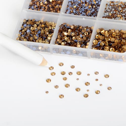 Image of Bymitel Hotfix Crystal Rhinestones Round Gems for Crafts,Mixed 6 Sizes with Wax Pencil Kit, Lt. Topaz 1.3-3.2mm(SS3-SS12 /8000pcs)