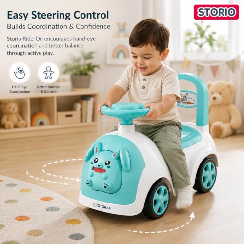 Image of Storio Rabbit Baby Ride-On Car Toy | Non-Battery Push Car for Kids with Backrest & Steering Wheel | Baby Ride On Toy for Boys & Girls 1-3 Years | Ocean Blue