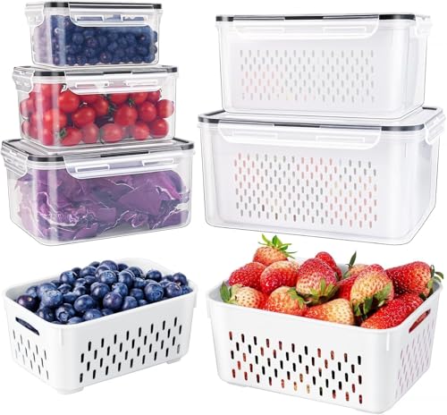 Comparison: Best Vegetable Storage Containers For Fridge 2 5 PCS Large Fruit Containers for Fridge - Leakproof Food Storage Containers with Removable Colander - Dishwasher & microwave safe Produce Containers Keep Fruits, Vegetables, Berry, Meat Fresh longer