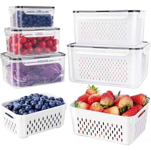 5 PCS Large Fruit Containers for Fridge – Leakproof Food Storage Containers with Removable Colander – Dishwasher & microwave safe Produce Containers Keep Fruits, Vegetables, Berry, Meat Fresh longer