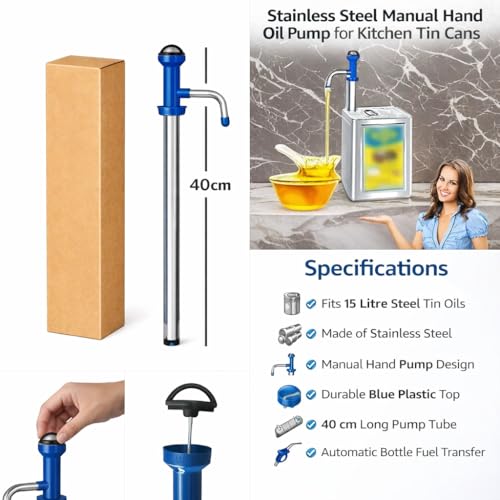 Image of Stainless Steel Oil Transfer Pump for 15 Litre Tin Cans - Hand Press Oil Dispenser Pump for Kitchen, Fuel, Mustard Oil, Cooking Oil, Kerosene & Lubricants - Easy Transfer Pump for Steel Oil Tins