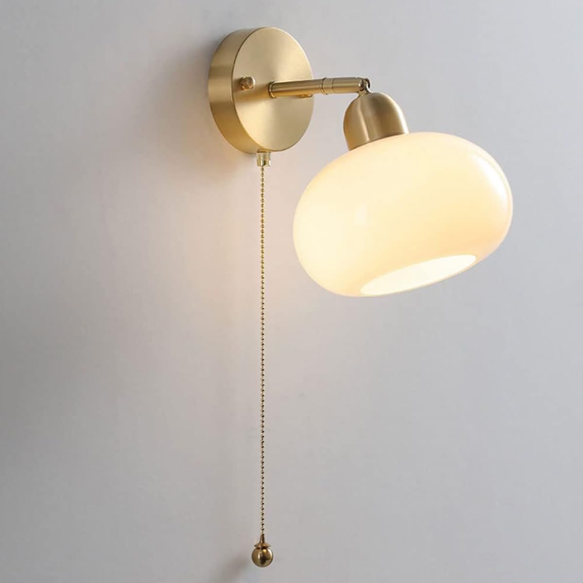 Brass Milk Glass Wall Sconce with Pull Chain Switch Vintage Copper Mid Century Modern Wall Light Fixture Adjustable Gold Farmhouse Bedside Wall Lamp for Kids Bedroom Living Room Headboard