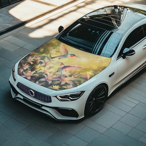 Image of Hummingbird Lily Print Car Hood Cover Stretch Polyester Fabric Car Hood Cover Snowproof Car Hood Accessories Easy Installation for Car Hood Decor and Protection