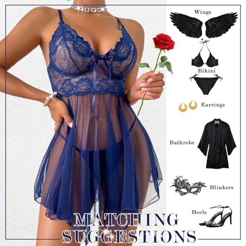 Women's Lingerie Sexy Lace Babydoll Dress Pajamas with Pantie Navy4