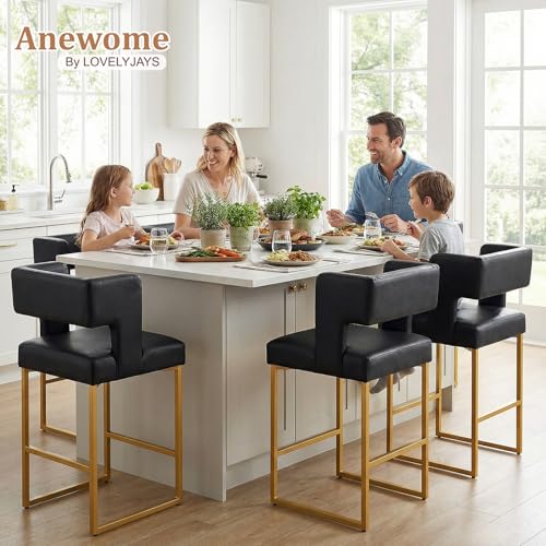 Image of 26 inch H Bar Stools Set of 4 with Back, Faux Leather Counter Height Stools with Footrest, Square Metal Frame, Modern Upholstered Bar Chairs for Kitchen Island /Dining Room, Black & Gold Legs