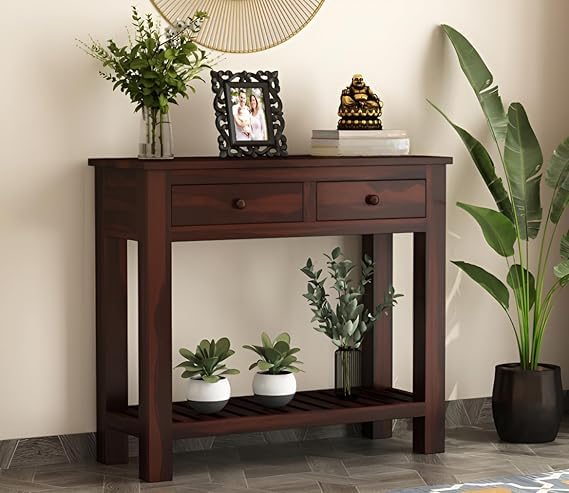 Image of Wooden Console Table for Living Room Decor | Entryway | Bedroom with 2 Storage Pull Drawer (1 Piece, Walnut Finish, 35X89X78Cm)