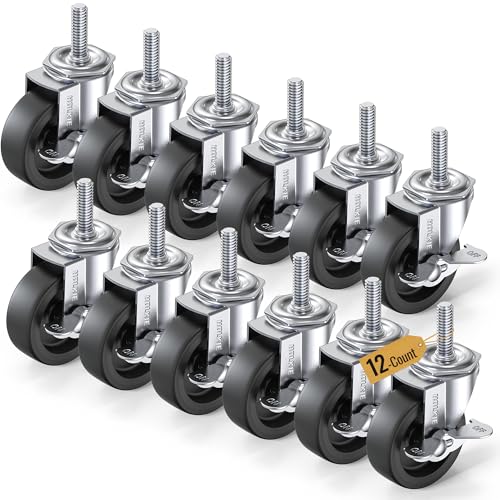 Image of HOLKIE Caster Wheels 3 inch Locking Casters Set of 12, Threaded Stem 3 /8 inch -16 x 1-1 /2 inch (Diameter 3 /8 inch, Length 1-1 /2 inch) Swivel Heavy Duty Castors Black