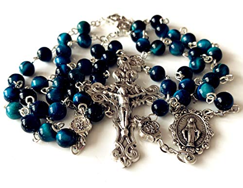 elegantmedical Handmade Blue Tiger Eye Beads Our Lady of Grace Rosary Cross Necklace Catholic Gifts