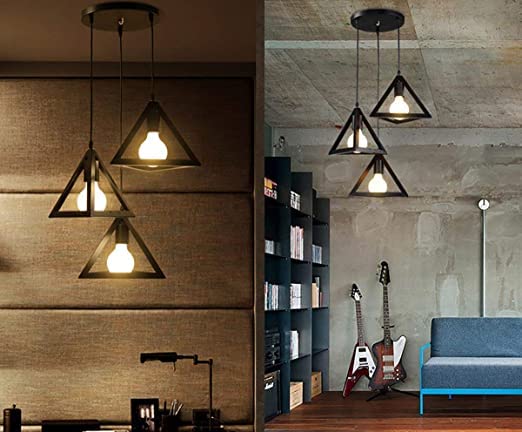 Image of JACKAL 3 Set Vintage Triangle Shape Pendant Light | Hanging Ceiling Light with Braided Cord | Decorative, Fancy Lights for Home, Living Room, cafe, Restaurants & Bar (Black) - with Bulb