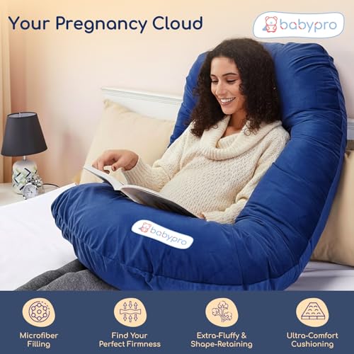Image of BabyPro J-Shaped Pregnancy Pillow with Silky Cooling Velvet Cover, Blue | Full Body Pillow for Back Pain, Head, Belly, Hips & Knees, Soft Cushion