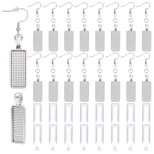 UNICRAFTALE 20 Sets 25x10mm Blank Rectangle Dangle Earring Bezels Pendant Trays Stainless Steel Earring Hooks with Rectangle Glass Cabochons for DIY Earrings Jewelry Making