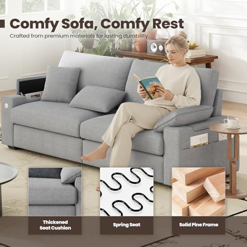 Image of MALOL 89 inch Loveseat Couch, 3 Seater Upholstered Mid-Century Mondern Love Seat with USB Type C Ports, 4 Pillows and Storage Armrest Cloud Foam Sofa for Living Room /Small Spaces, Grey