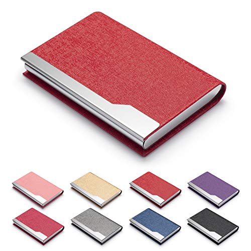 FACATH Business Card Holder Case - Luxury PU Leather Name Card Holder & Stainless Steel Multi Card Case, Slim Metal Pocket Card Holder Wallet Credit Card ID Case/Holder with Magnetic Shut - Red