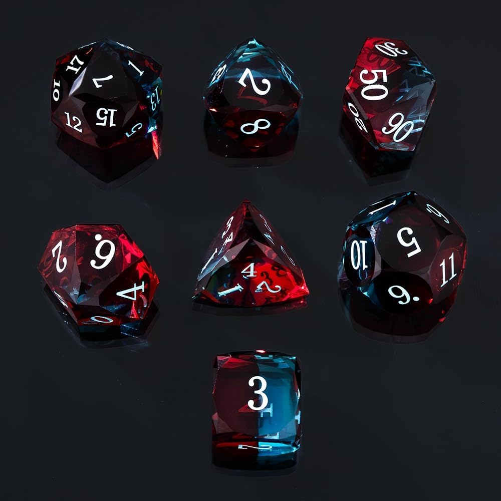 Resin DND Dice Set, 7 Pieces Handmade Sharp Edge Polyhedral Dice for Role Playing Game, Dice Accessory for D&D RPG Players and Starters d4 d6 d8 d10 d12 d20 with Gift Box (Red and Blue)
