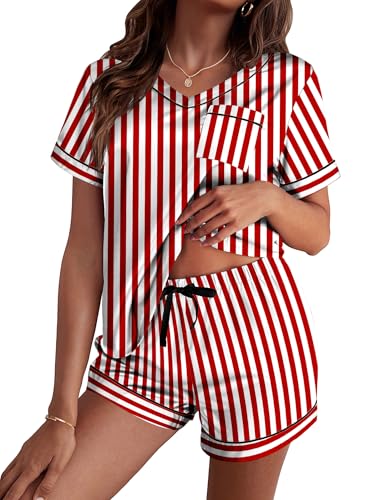 Image of Ekouaer Silk Pajama for Women Short Sleeve Satin Pj Set Two Piece Soft Sleepwear Loungewear S-XXL